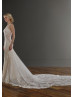 Long Sleeve Beaded Ivory Lace Tulle Deep V Buttons Back Wedding Dress